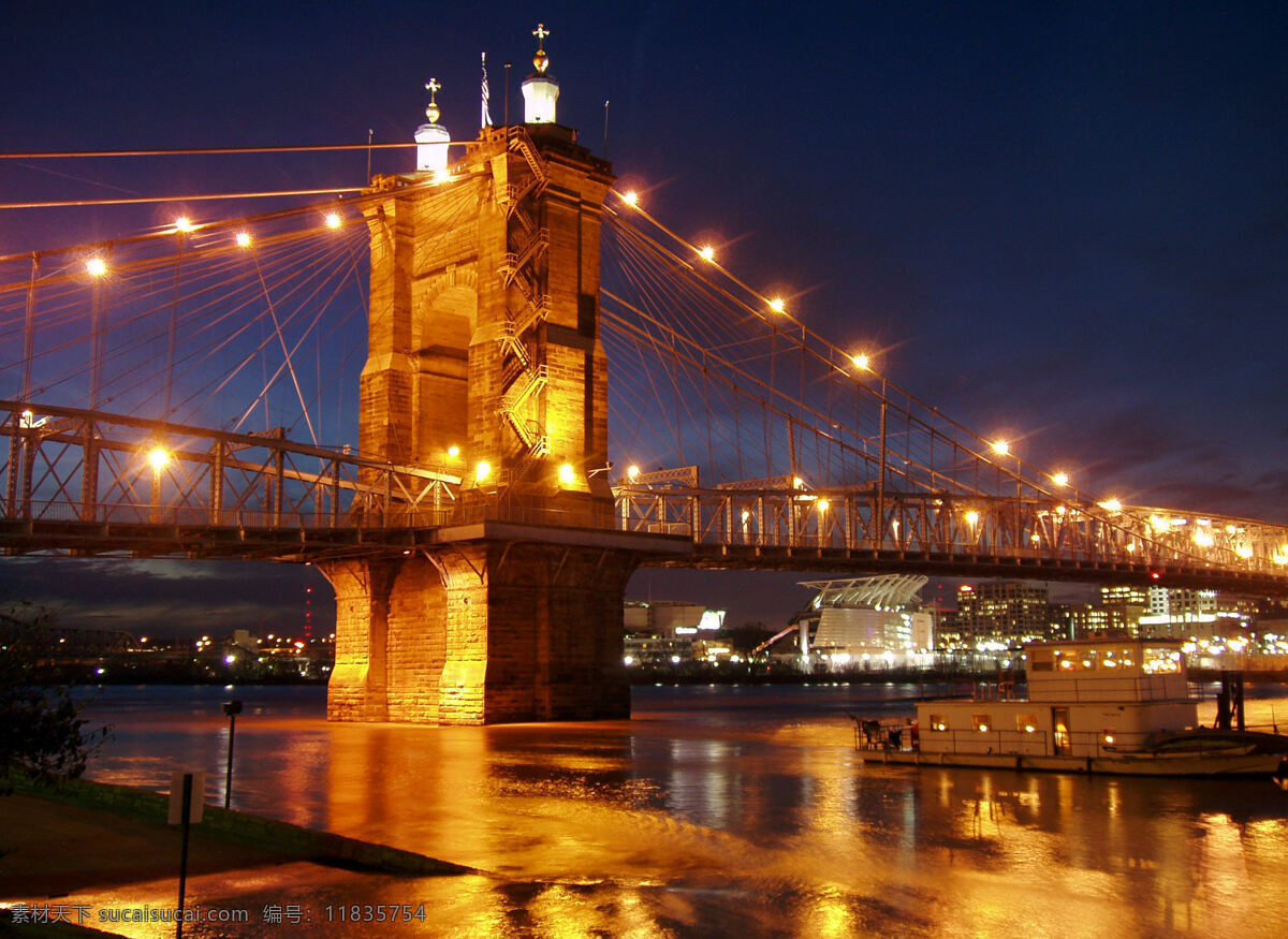 布达佩斯 多瑙河大桥 夜景 多瑙河 大桥 钢索吊桥 桥头堡 桥面 钢悬索 灯光灿烂 河面 船只 倒影 沿岸建筑 夜空 景观 自然景观 建筑 建筑景观