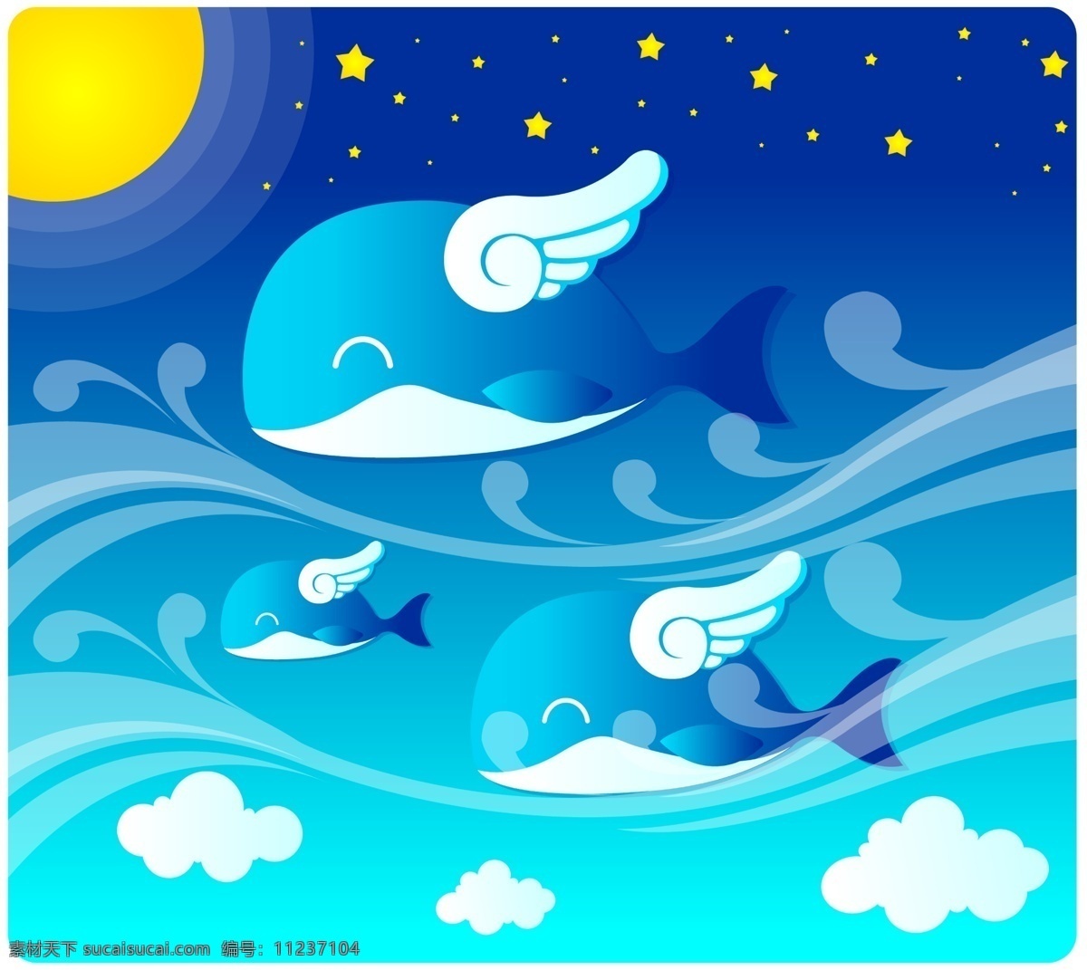 分层 翅膀 鲸鱼 飘带 微笑 星空 星星 夜晚 源文件 夏天 风景 模板下载 夏天风景素材 月亮 蓝鲸 飞鲸鱼 云