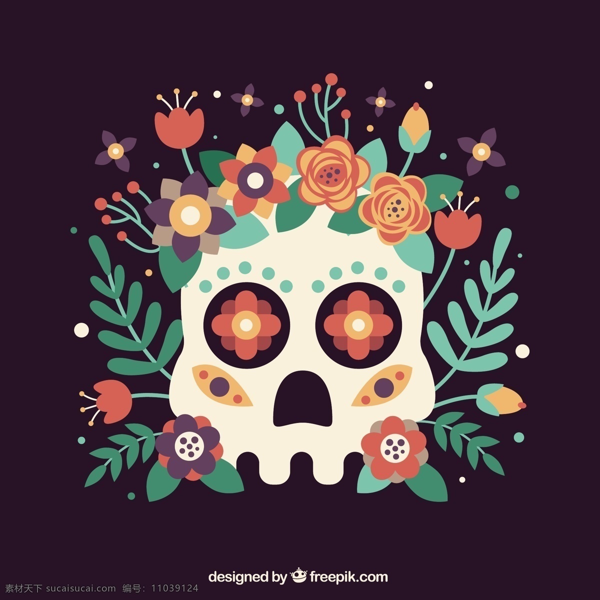 骷髅背景饰花 背景 花卉 花卉背景 头骨 树叶 庆典 度假 装饰 花卉装饰 墨西哥 庆祝 文化 传统