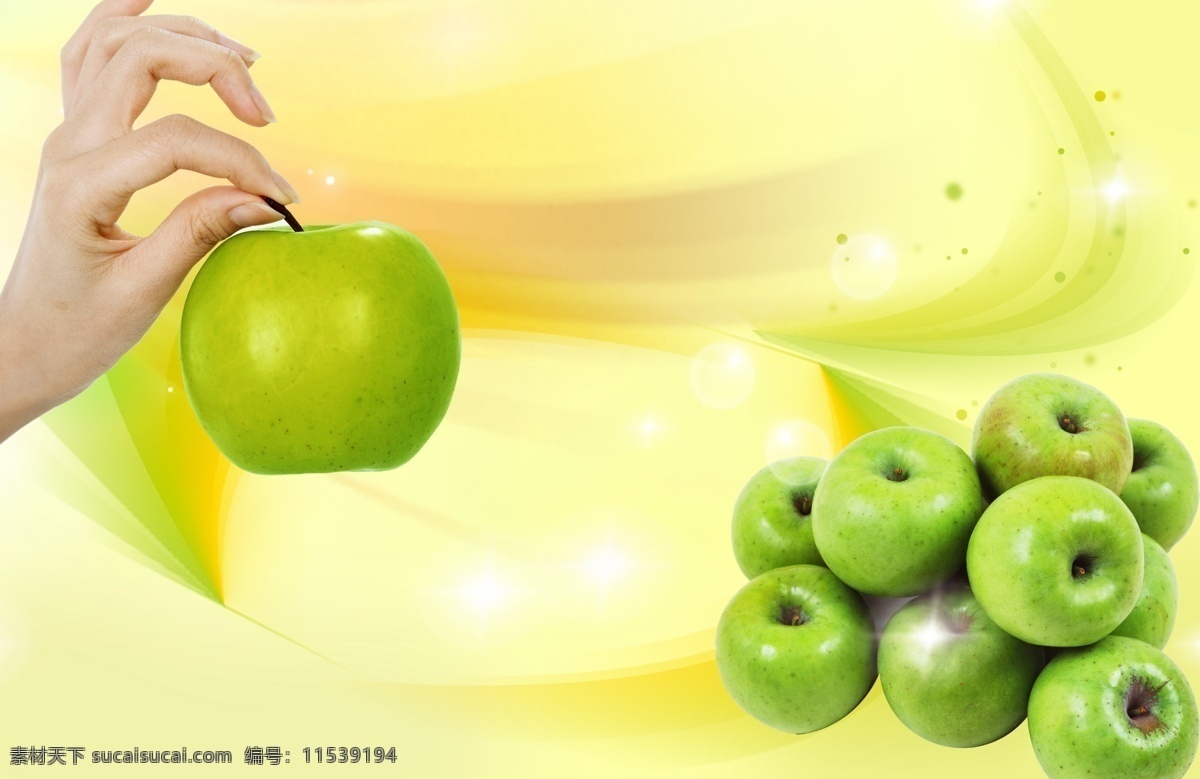 psd分层 分层 光 黄色背景 绿色 苹果 手 水果食品 水果 食品 模板下载 星星 源文件库 psd源文件 餐饮素材