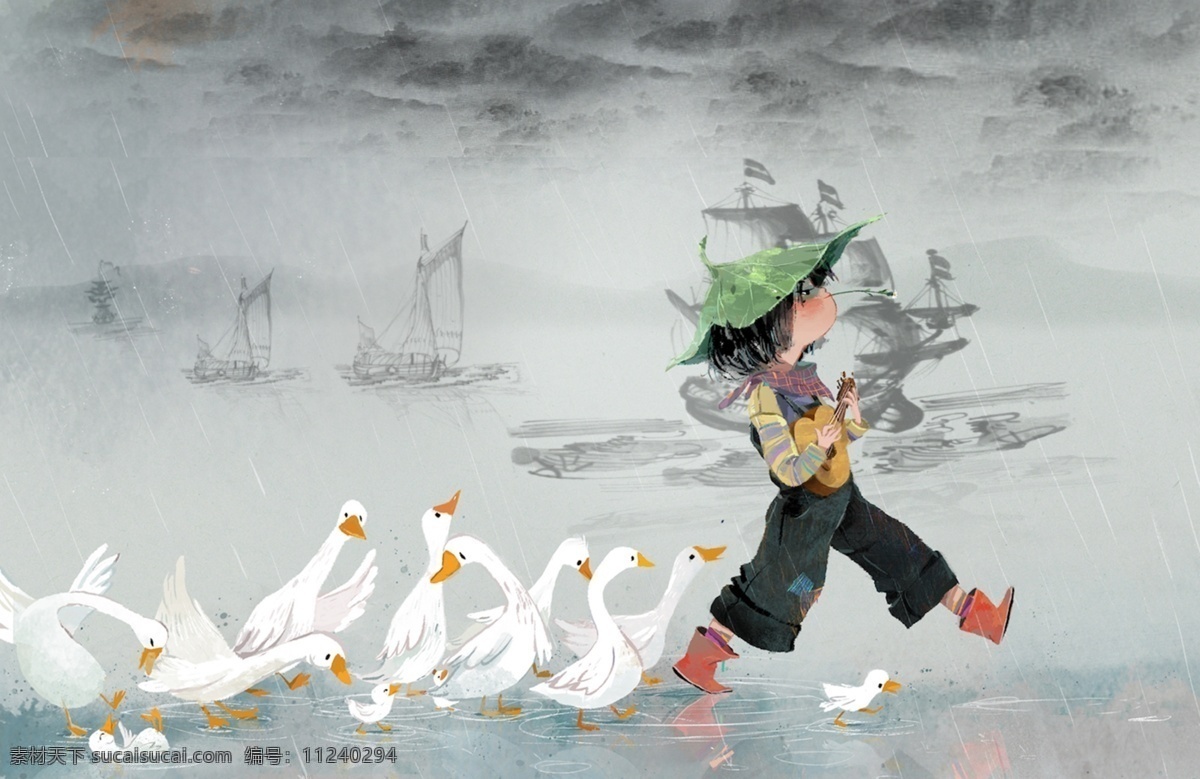悠闲 时光 水墨 背景 雨中漫步 船 放牧的孩子 乌云 湖 山