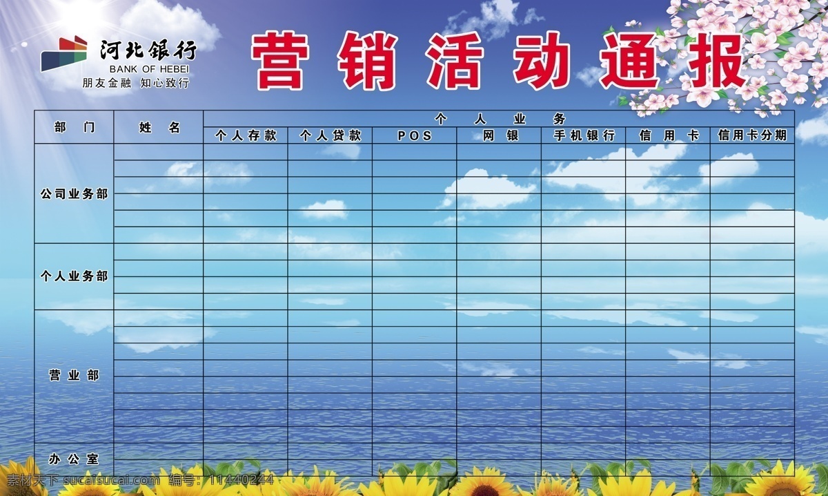 河北 银行 营销 通报 展板 河北银行标志 表格 蓝天 白云 鲜花 向日葵 展板模板