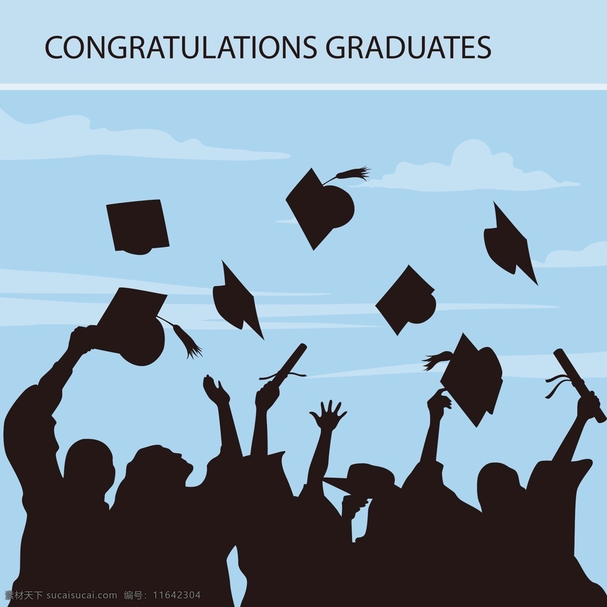 毕业 典礼 海报 设计素材 学生 黑白 蓝天 矢量素材 学士帽 平面素材