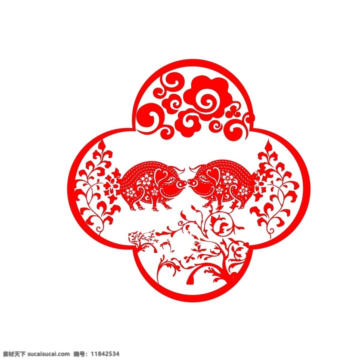 中国 风 红色 喜庆 猪 剪纸 装饰 树叶 中国风 古风 传统文化 云纹