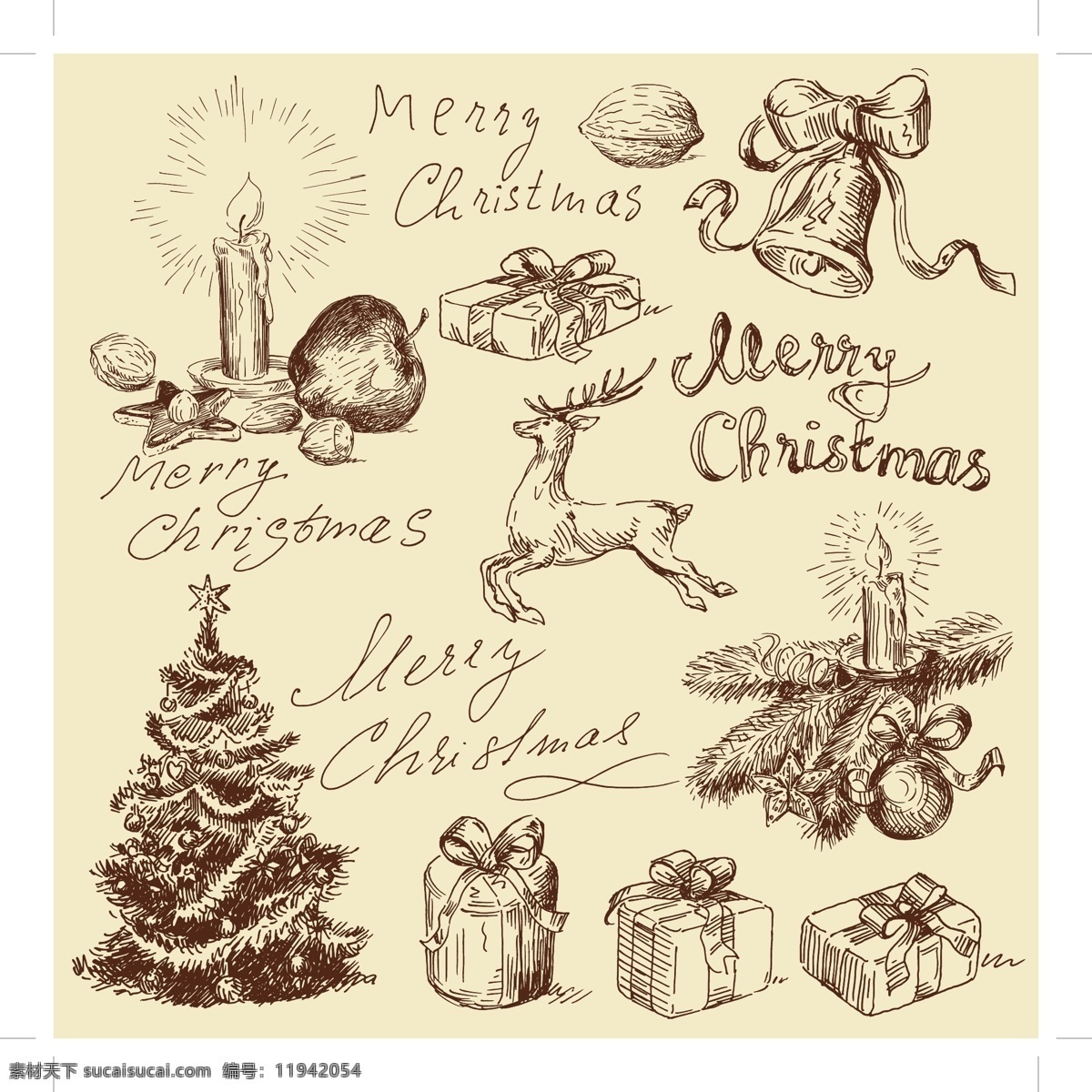 复古 圣诞节 矢量图 铃铛 圣诞 蜡烛 麋鹿 礼物 雪人 星星 木屋 节日素材 其他节日