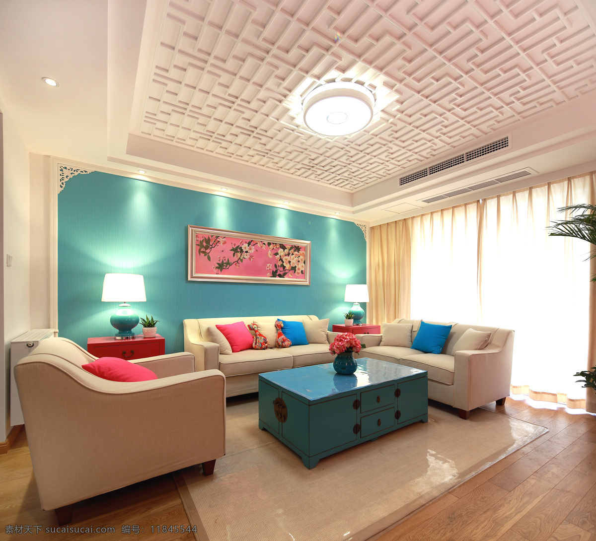 美式 创意 室内设计 家装 效果图 室内 家装效果图 沙发 抱枕 台灯 青蓝色 背景墙 鲜花 挂画