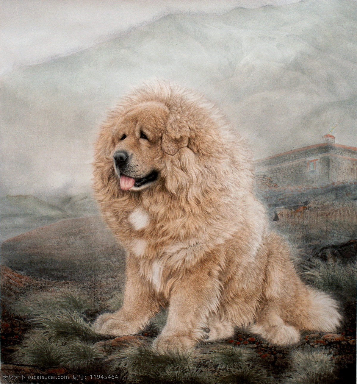 藏犬 美术 中国画 工笔画 动物画 狗 藏獒 山岭 高原景 房屋 国画艺术 国画集81 绘画书法 文化艺术