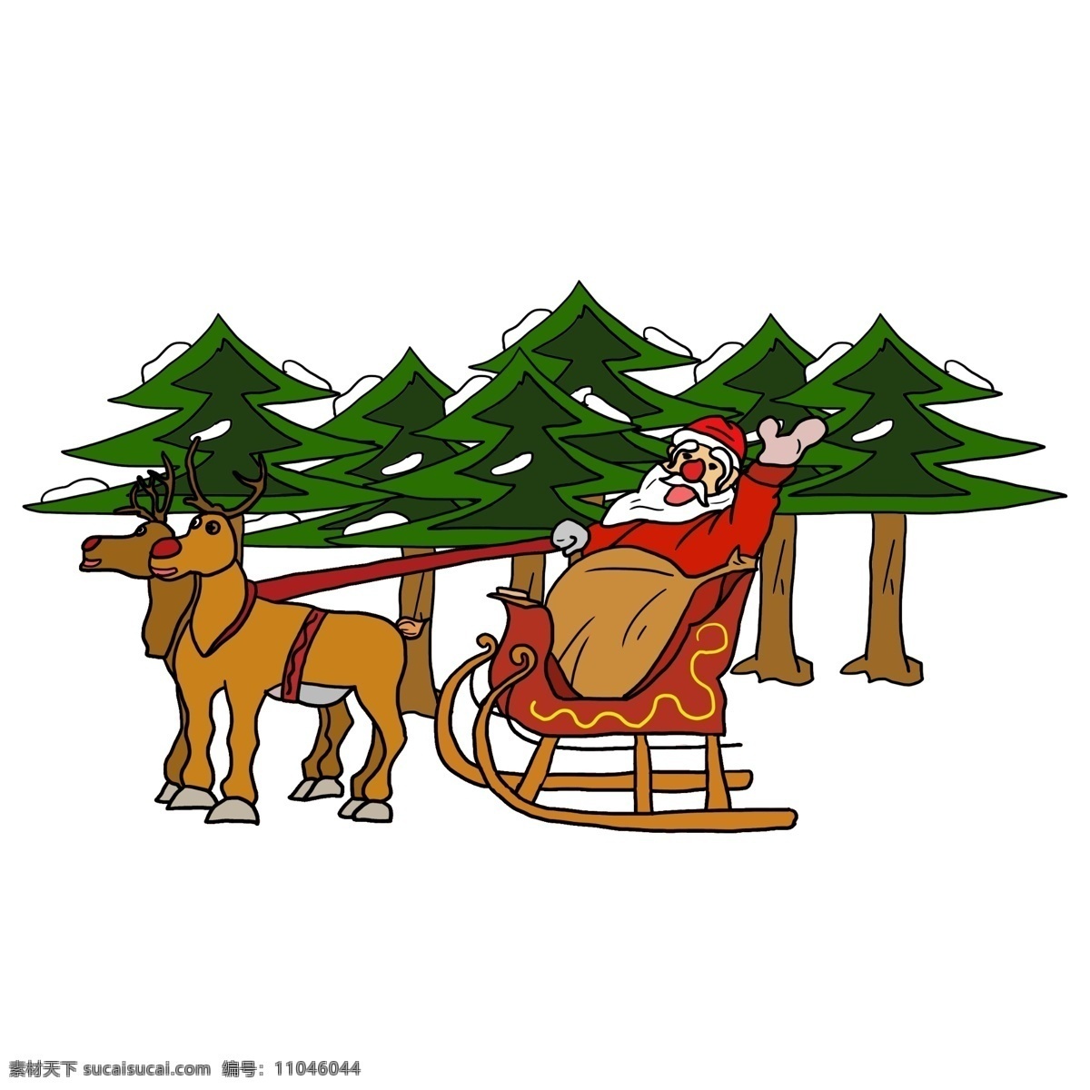 圣诞节 平安夜 圣诞老人 大家 挥手 准备 送礼 物 驯鹿 树林 圣诞帽 雪橇匆忙 挥手示意