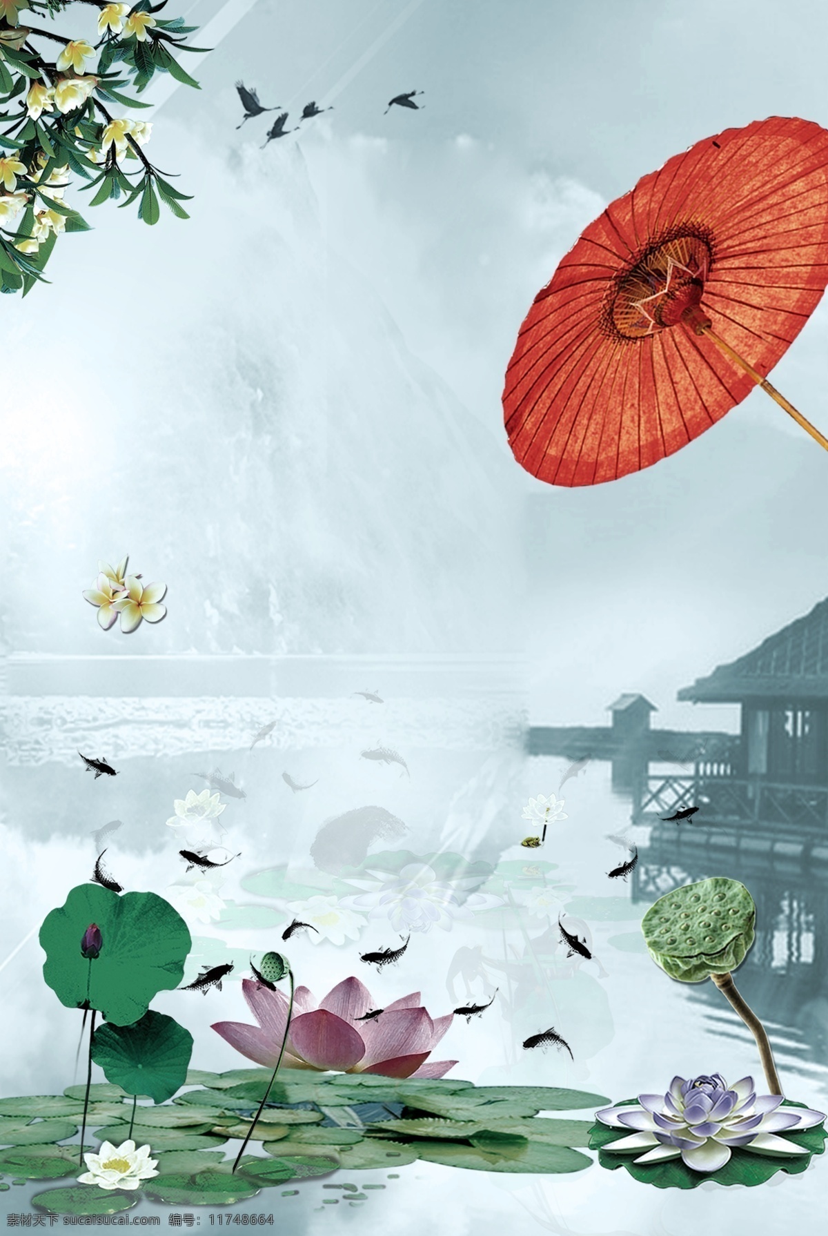 莫 兰迪 中国 风 古建筑 纸伞 海报 莫兰迪 简约 文艺 大气 中国风 荷花 鲤鱼 花朵