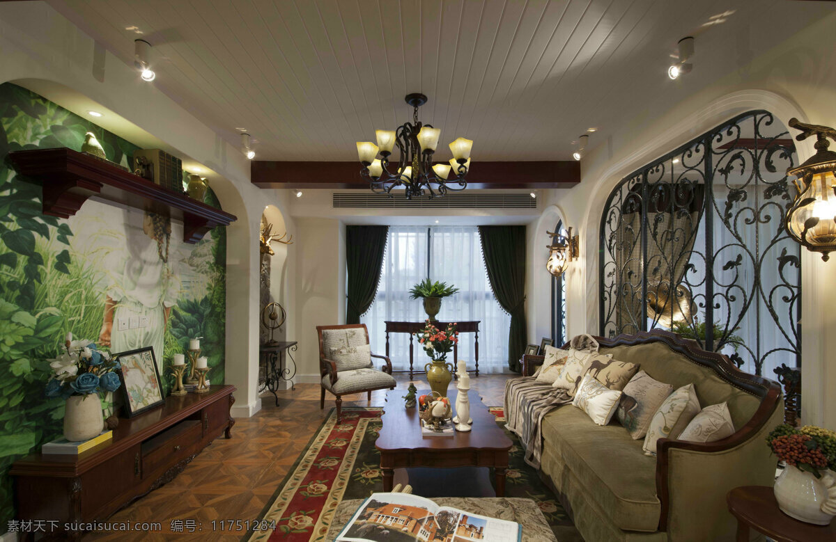 欧式 奢华 客厅 褐色 吊灯 室内装修 效果图 客厅装修 褐色吊灯 瓷砖地板 浅色沙发