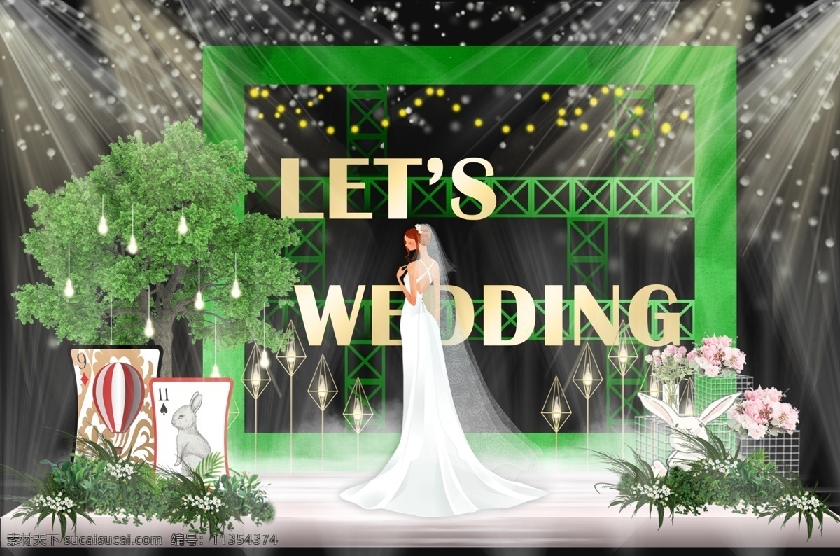 创意 兔子 简森 系 婚礼 效果图 绿色 鲜花 扑克牌 框架 架构 菱形灯