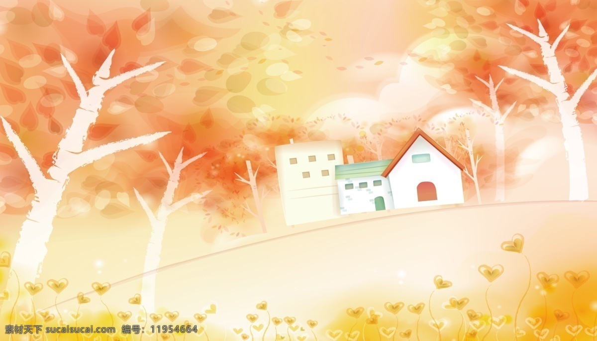 秋季 手绘 儿童 房 背景 墙 橘黄 树林 背景墙 简约