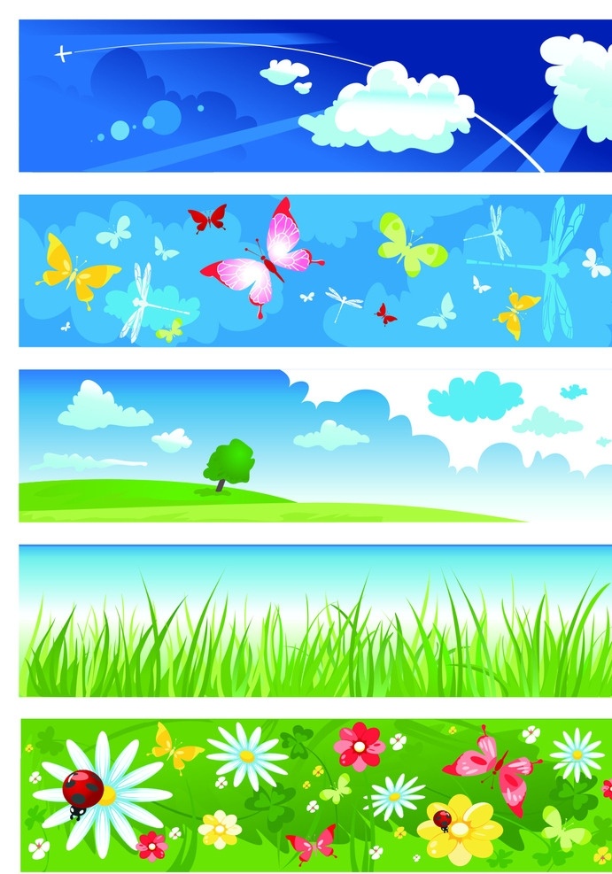 清新 花草 矢量 白云 动物 广告 蝴蝶 花朵 蓝天 卡通设计