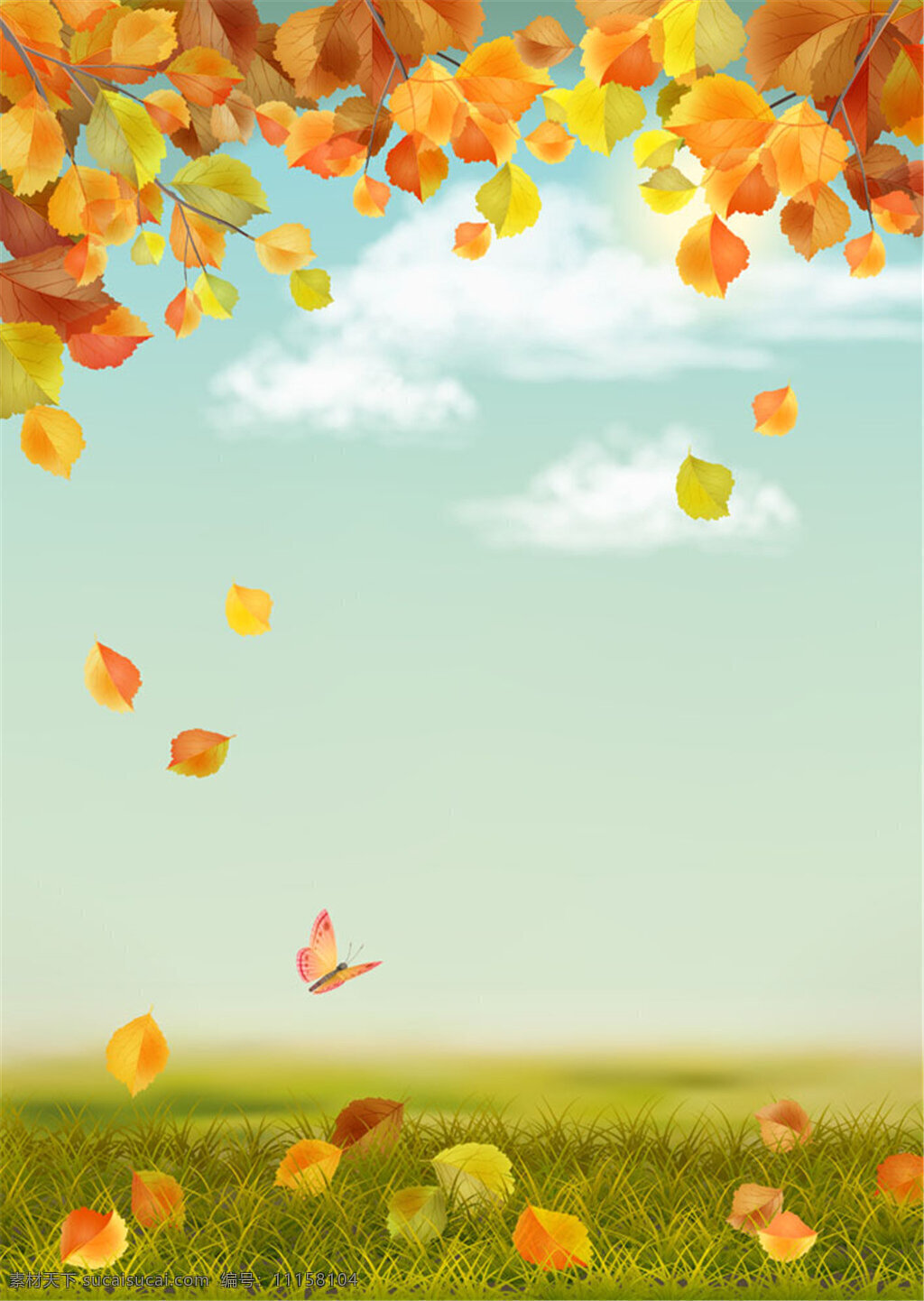 蝴蝶和落叶 蝴蝶 草地 矢量背景 枫叶 落叶