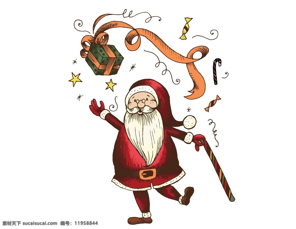 矢量 红色 圣诞老人 礼物 元素 卡通 圣诞节 手绘 ai元素 免扣元素
