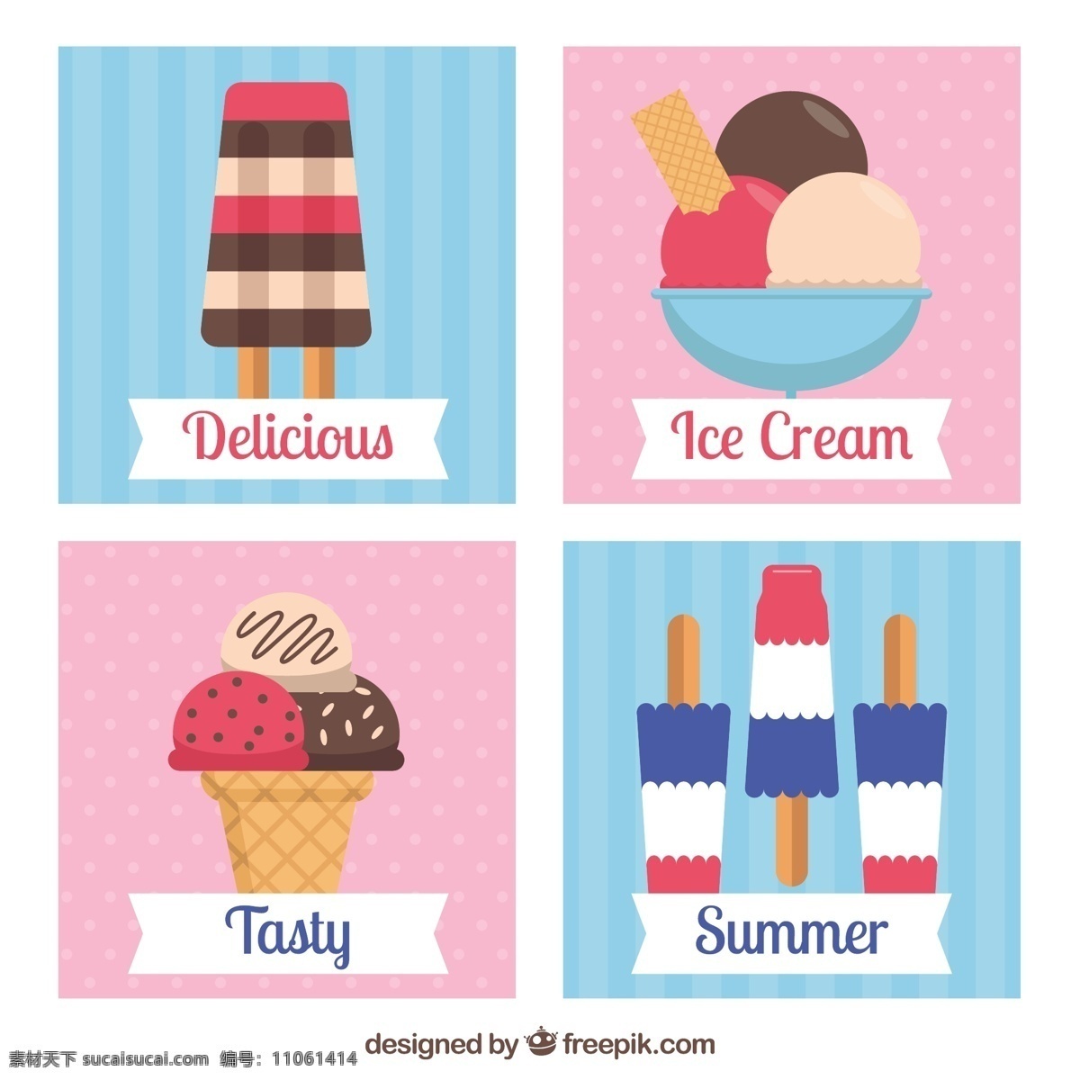 平面设计 中 可爱 怀旧 卡片 食品 夏季 复古 冰淇淋 平板 冰 甜 卡 甜点 奶油 吃 季节 收集 美味 味道 冷却