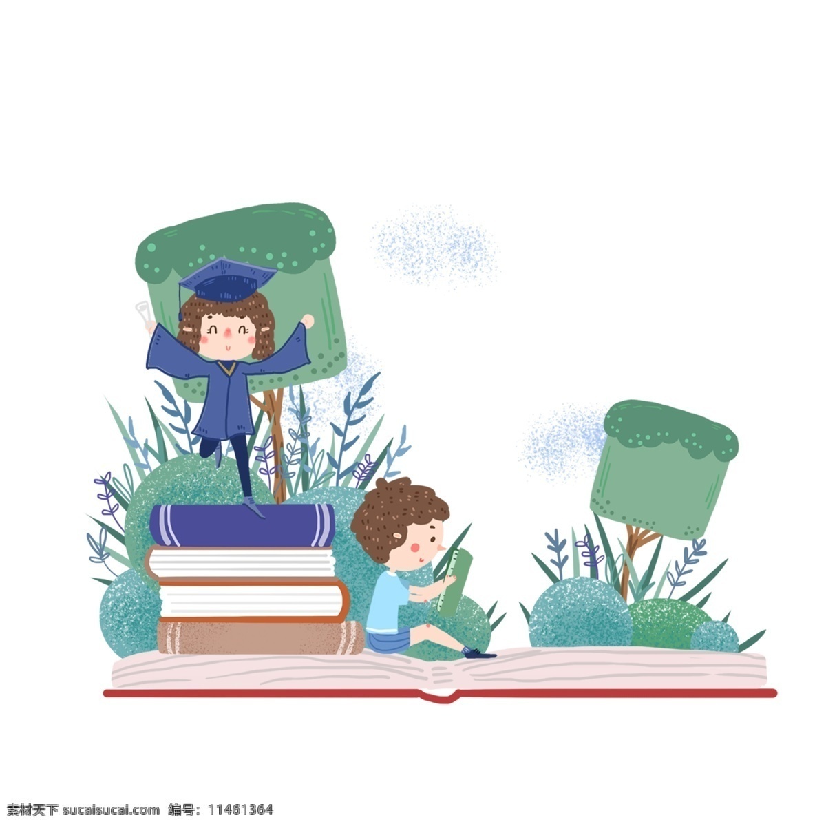 手绘 卡通 阅读 日 图案 全民阅读 女孩 男孩 书堆 绿色 设计元素 元素设计 简约 创意元素 免扣元素