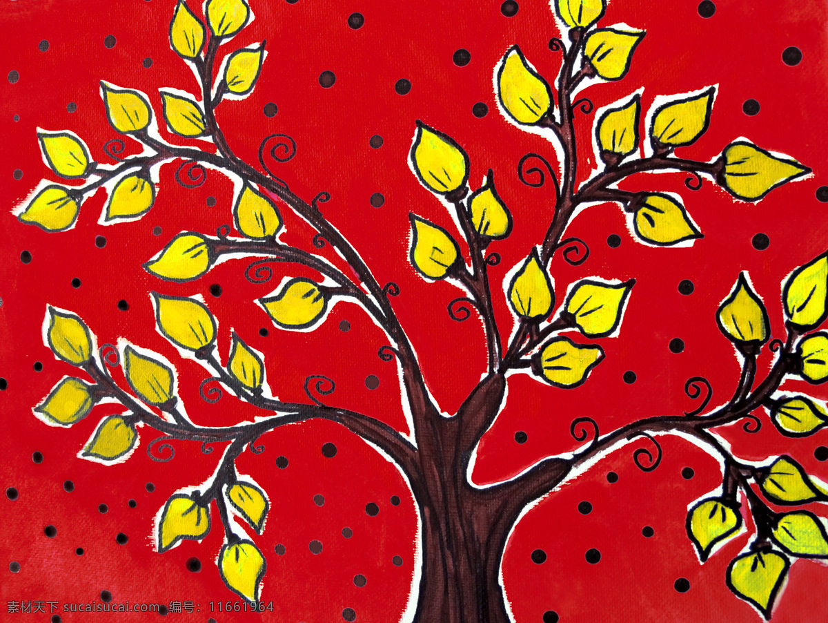 卡通 手绘 大树 装饰画 红色 黄色 树叶
