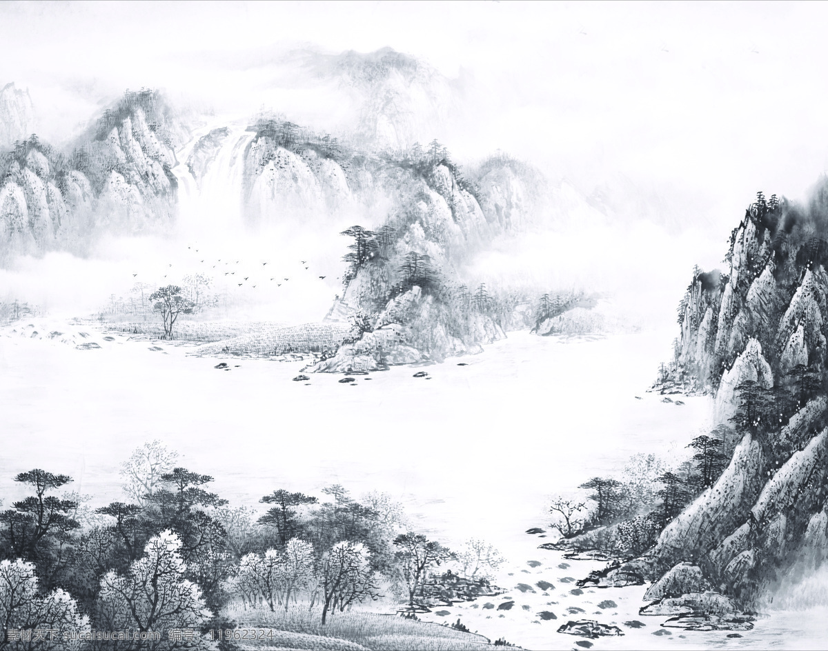 山水画 底纹边框 工笔画 国画 河 江 山 水墨画 水 树 移门图案 装饰素材