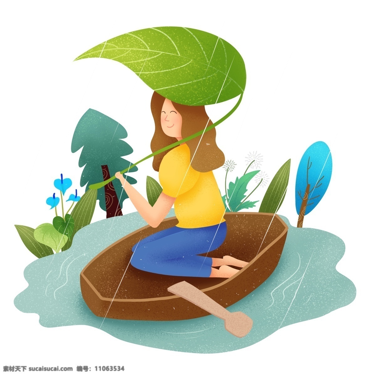 划船 小女孩 插画 清明节 人物 划船的小女孩 绿色的叶子 黄色的小船 植物装饰