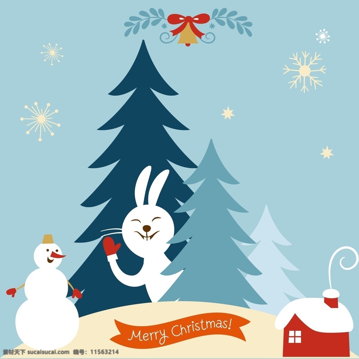 北欧 复古 圣诞卡 通 小 兔子 海报 圣诞 卡通 小兔子 卡通插画