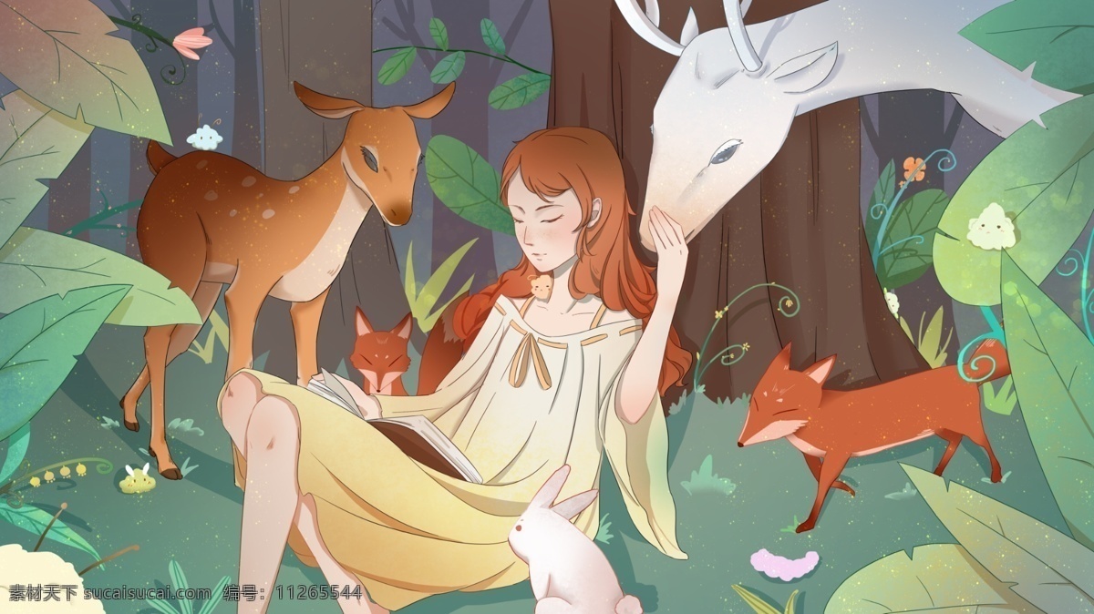 梦幻 女孩 动物 朋友 兔子 树叶 森林 鹿 狐狸