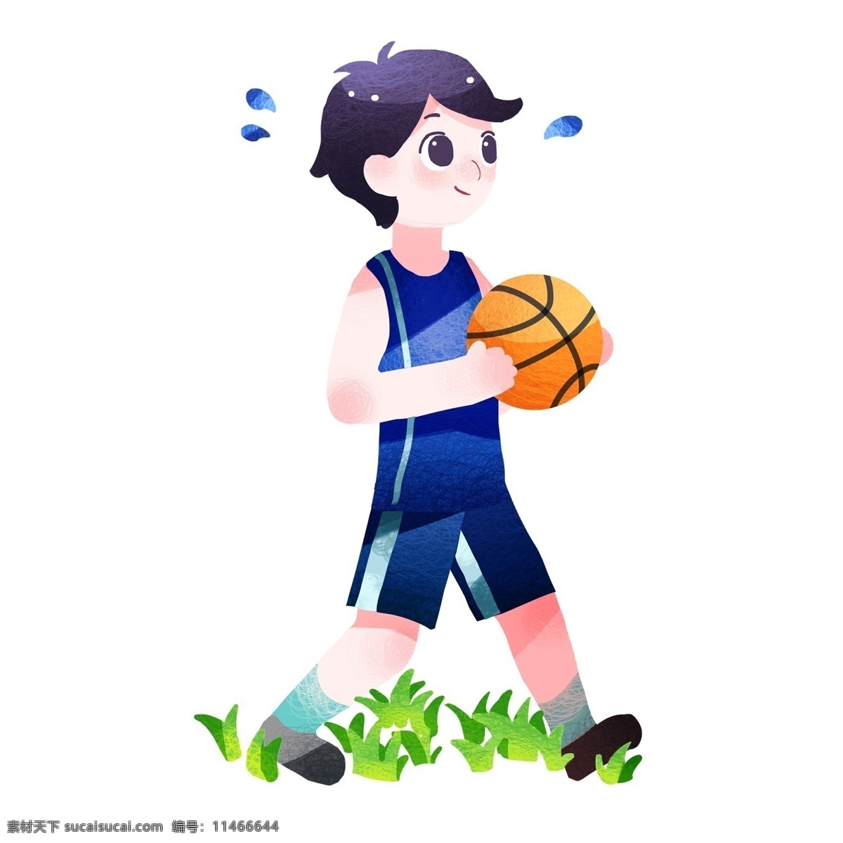 篮球 健身 男孩 插画 运动健身插画 小 黄色的篮球 蓝色的汗滴 卡通人物 户外运动
