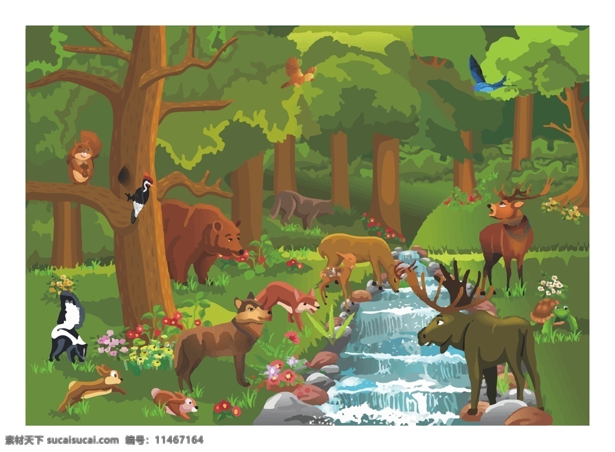 森林动物系列 森林 动物 熊 麋鹿 鹿 鸟 猴子 长颈鹿 分层