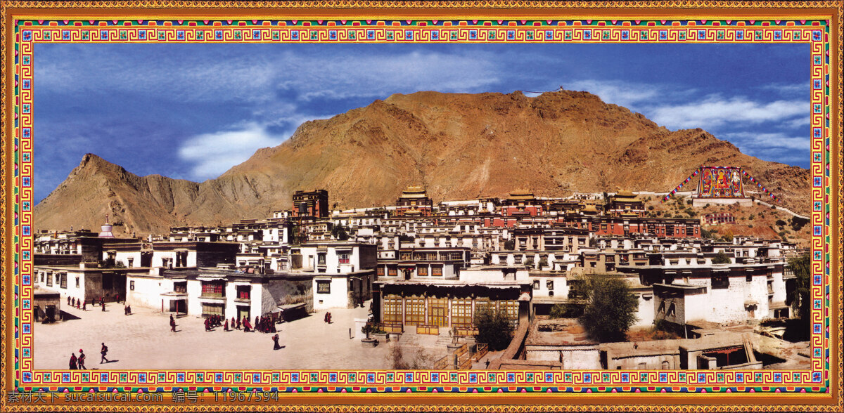 日喀则市 全景 图 日喀则 日喀则风景 扎寺伦布寺 蓝天白云 西藏 风景 景点 藏式花边 藏式 花边 藏式花纹
