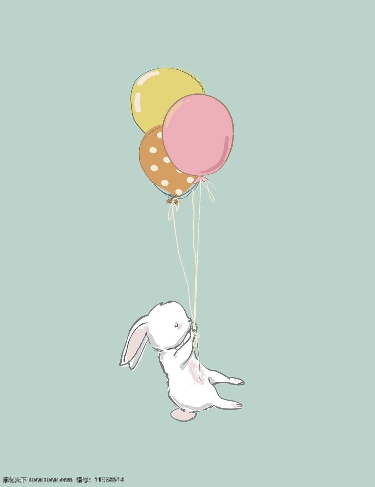 北欧 儿童 手绘 兔子 装饰画 气球