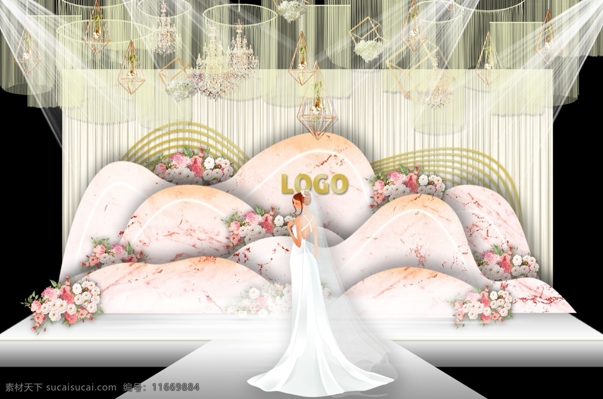 香槟 浪漫 室内 婚礼 效果图 大理石 曲线 鲜花 香槟色 菊粉色 多层次 线帘 金属 几何架构