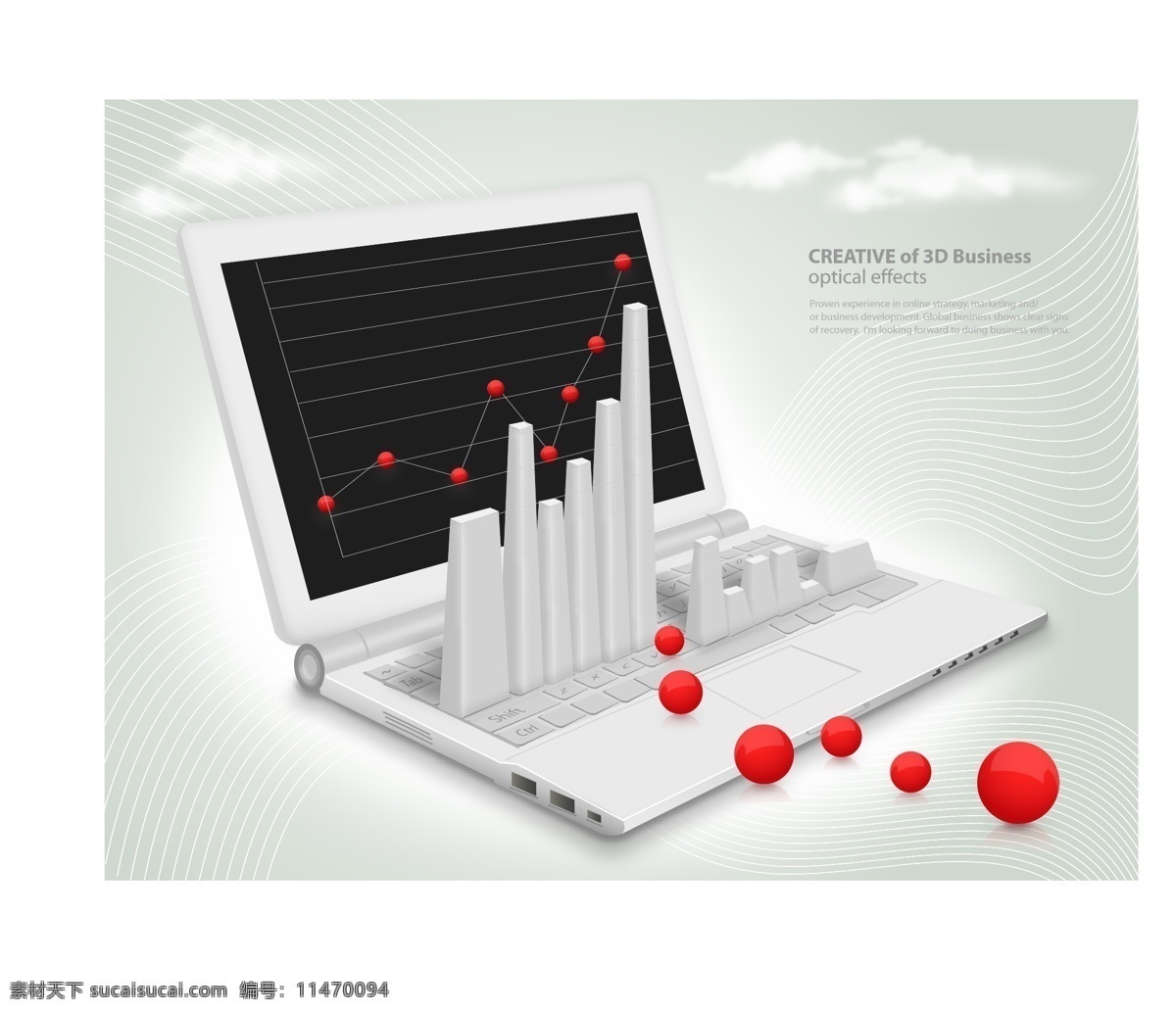 商务 笔记本 电脑 商务概念 手提电脑 红色小球 上升图线条 商务设计海报 矢量 其他矢量 现代商务 商务金融 矢量素材 白色