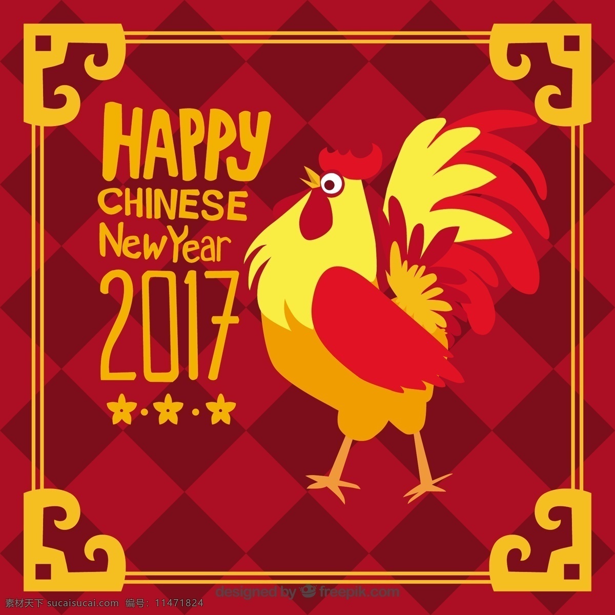 手绘 中国 新年 背景 金色 框架 公鸡 手绘新年背景 金色公鸡