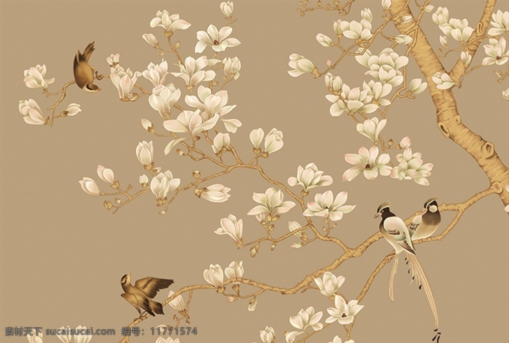 中式 花鸟 玉兰 壁纸 壁画 白玉兰 分层