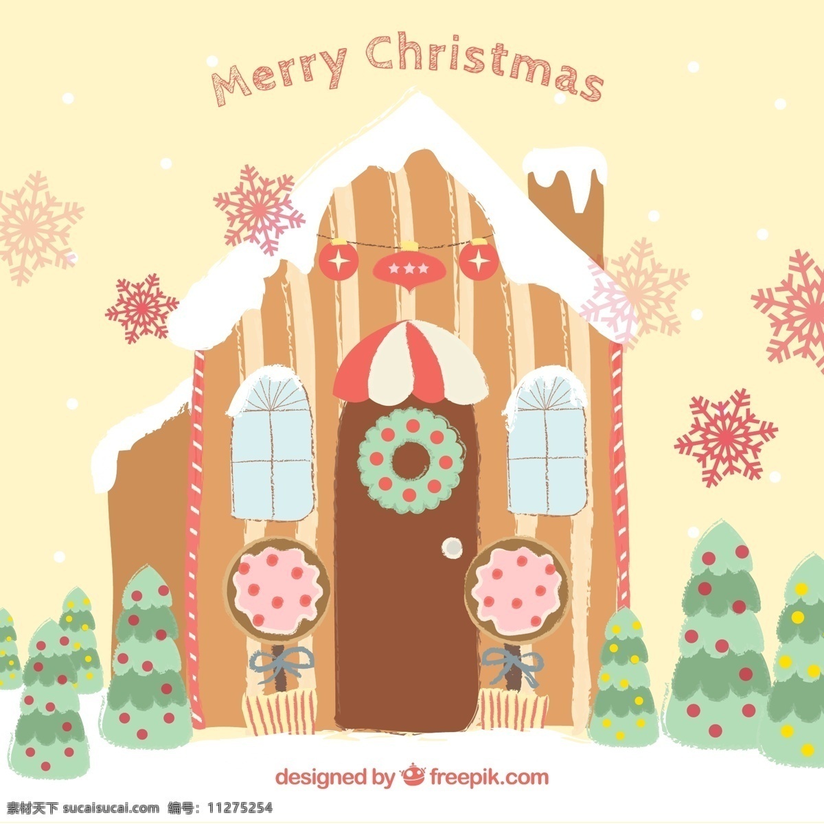 卡通 圣诞节 小屋 贺卡 矢量 雪花 圣诞树 房屋 merry christmas 矢量图