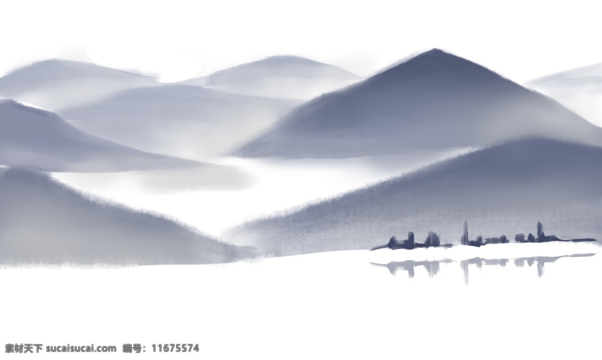 水墨 山水画 意境 免 扣 水墨山水画 可自行组合 远山 源文件 背景 图 层 可用于海报 装饰 明信片 黑白灰