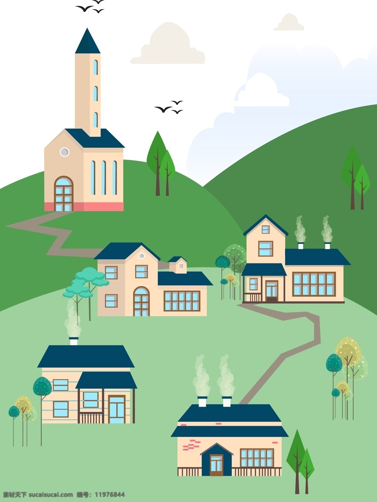 手绘 别墅区 房子 矢量图 卡通的 小清新 别墅 小屋子 植物 树 云朵 插画 绘画 海报 野外 山上