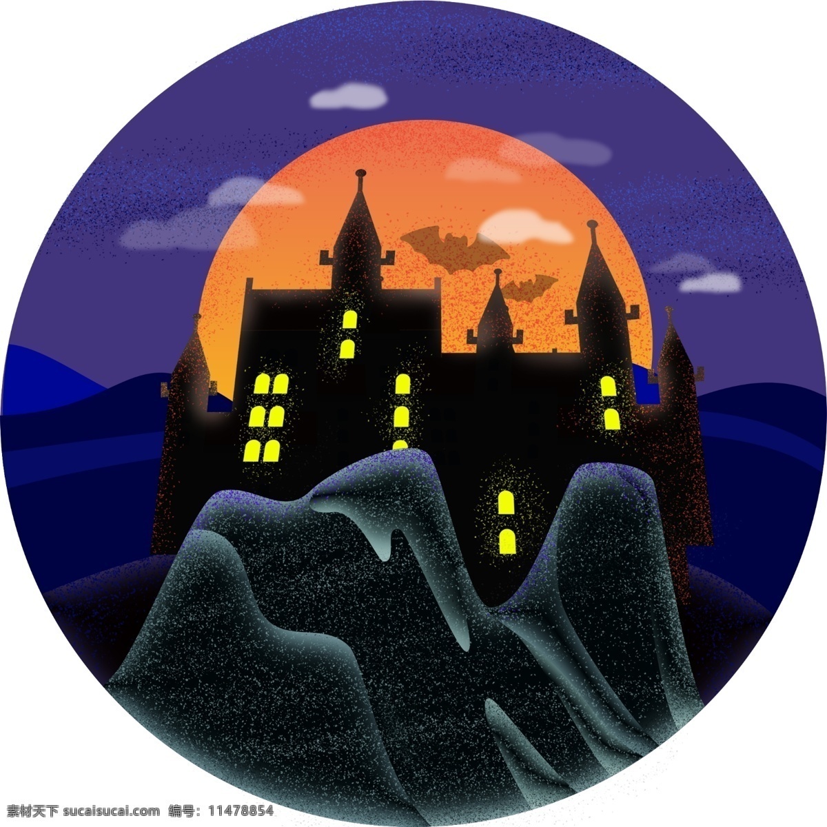 黑暗 邪恶 城堡 手绘 商用 万圣节 元素 月圆 可商用 鬼屋 蝙蝠