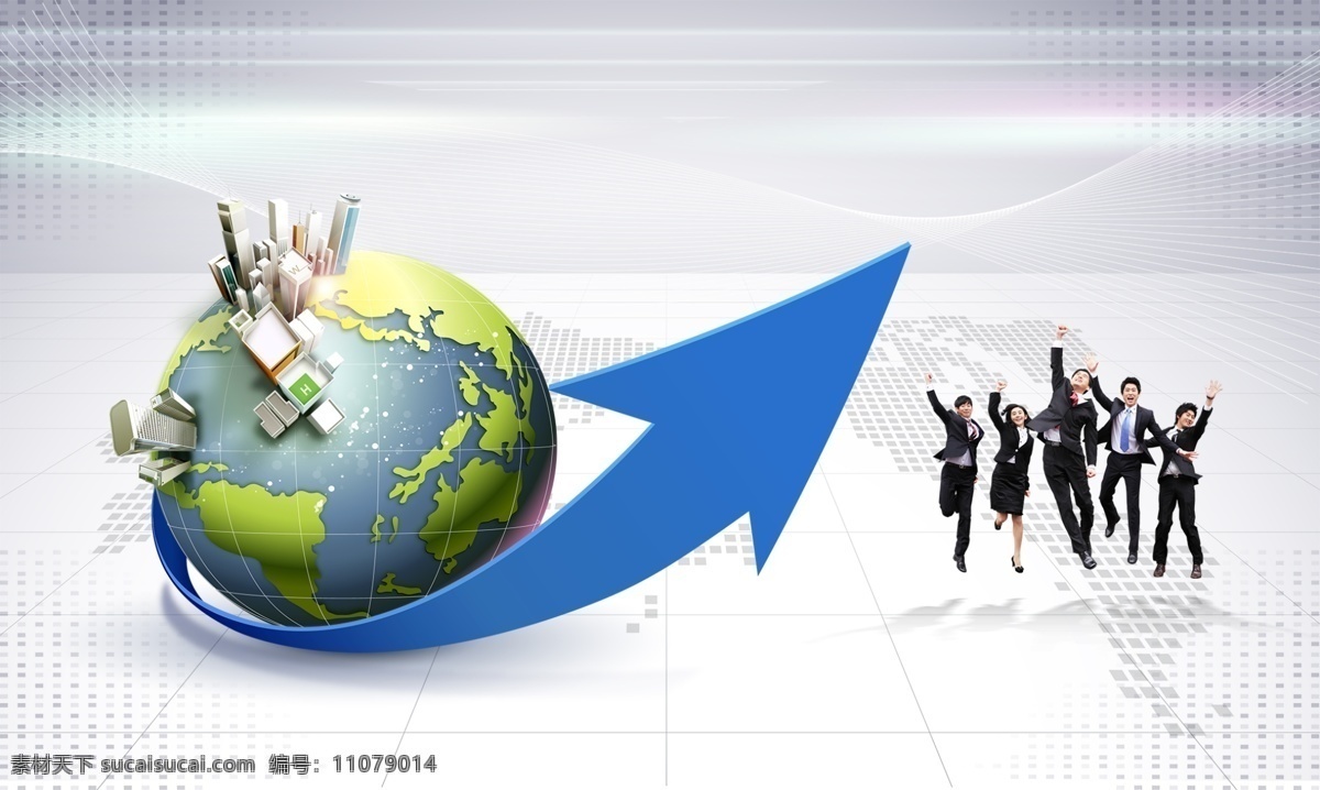 科技 商务 地球 地图 建筑 箭头 科技商务 人物 商务人士 跳起的人物 psd源文件