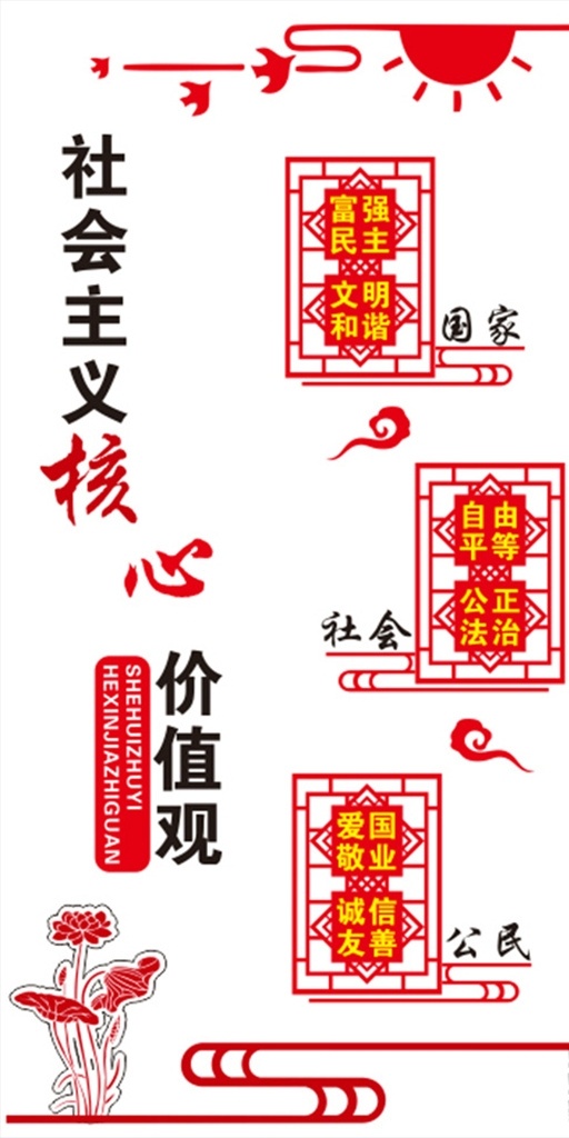 社会主义 核心 价值观 核心价值观 党建 展板 荷花 中式框 国家 社会 个人