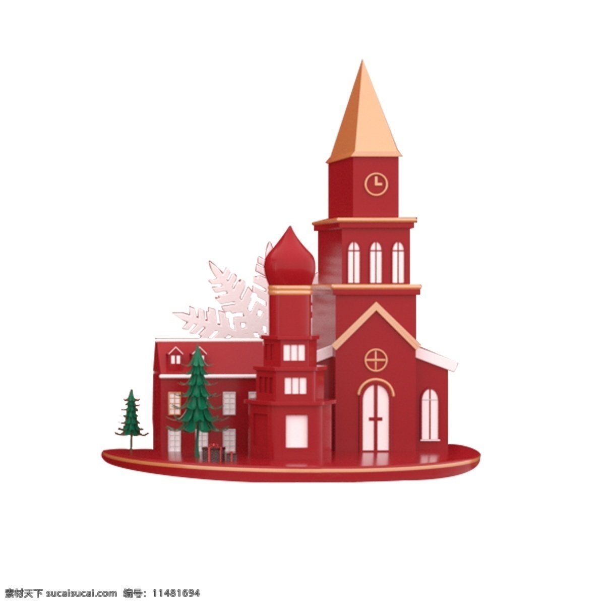 彩色 立体 创意 圣诞 城堡 元素 建筑 纹理 三角形 几何 尖锐 装饰窗户 风景 大树 生长 欧式建筑