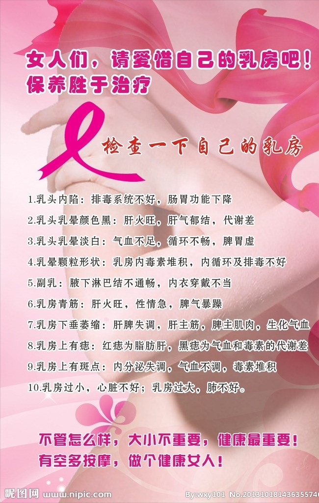 粉红丝带 乳房保养 粉红背景 保养胜于治疗 检查乳房 检查十大步奏 矢量