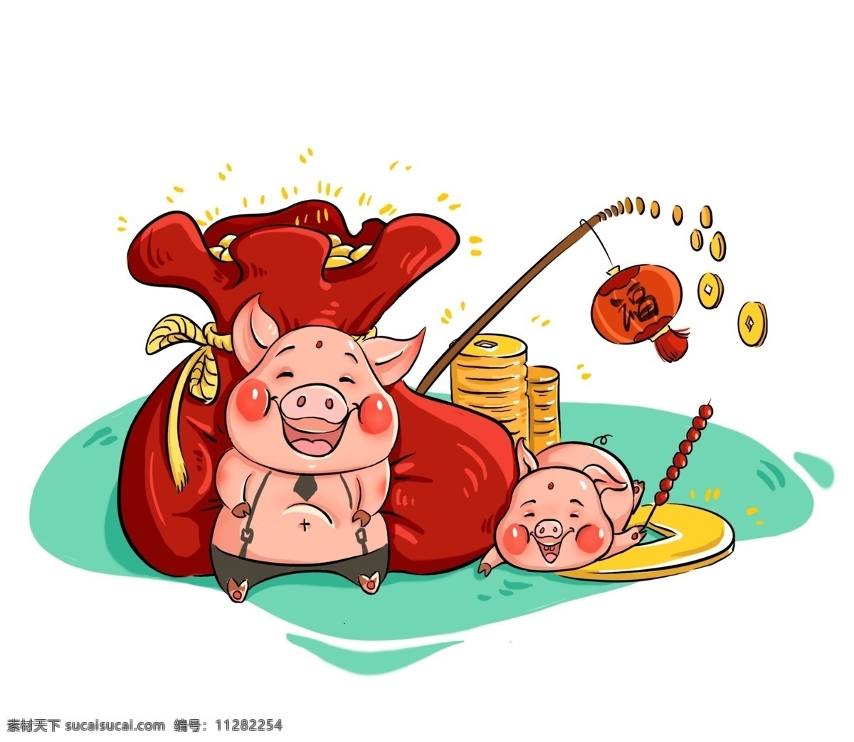 猪年 吉祥 猪 财 袋子 红色 吉祥猪猪 红灯笼 红色财富袋子 金钱 钱币 糖葫芦 调皮 可爱 手绘 卡通 免抠png