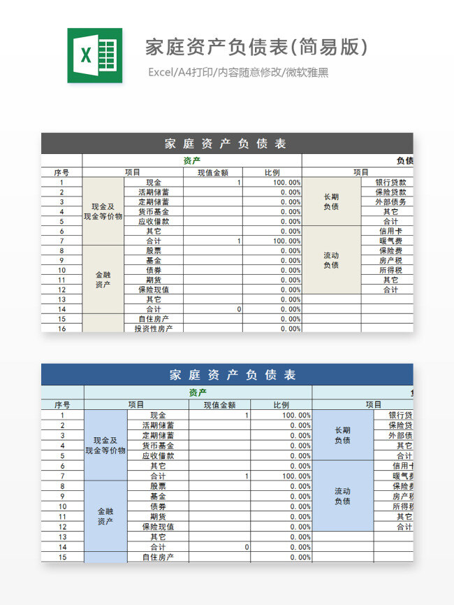 家庭 资产负债表 excel 文档 图表 图表模板 模板 表格 表格模板 自动变换 表格设计 简易版