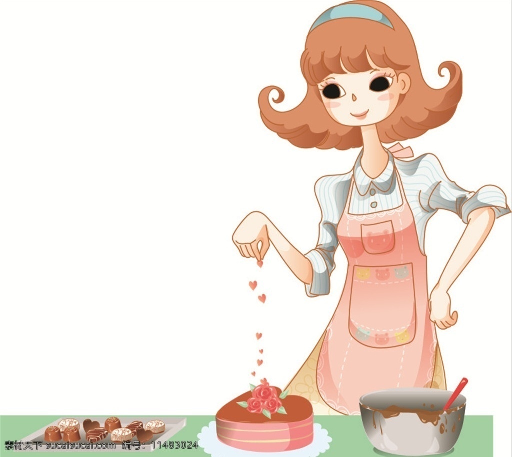 卡通 做 蛋糕 女孩 做蛋糕 玫瑰 草莓蛋糕 矢量图系列