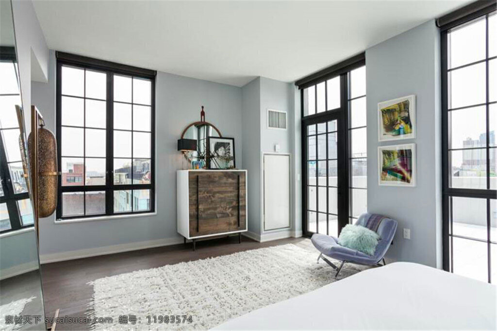 简约 卧室 壁画 装修 效果图 窗户 床铺 方形吊顶 灰色地毯 灰色墙壁 置物柜