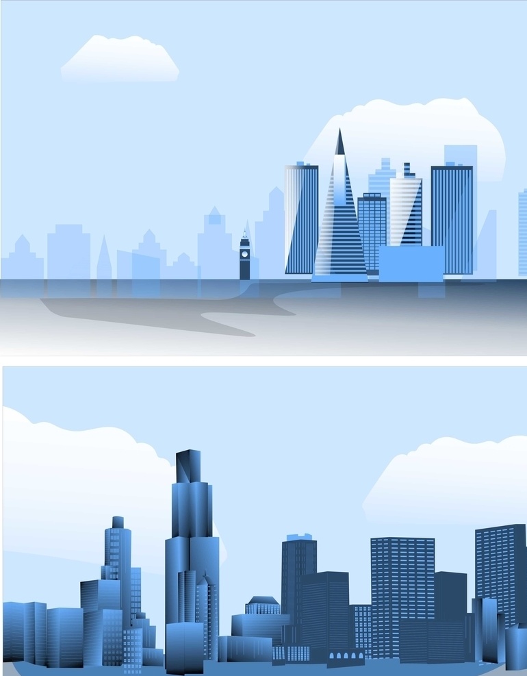 建筑矢量图 城市建筑 城市道路素材 矢量插画素材 蓝色调插画