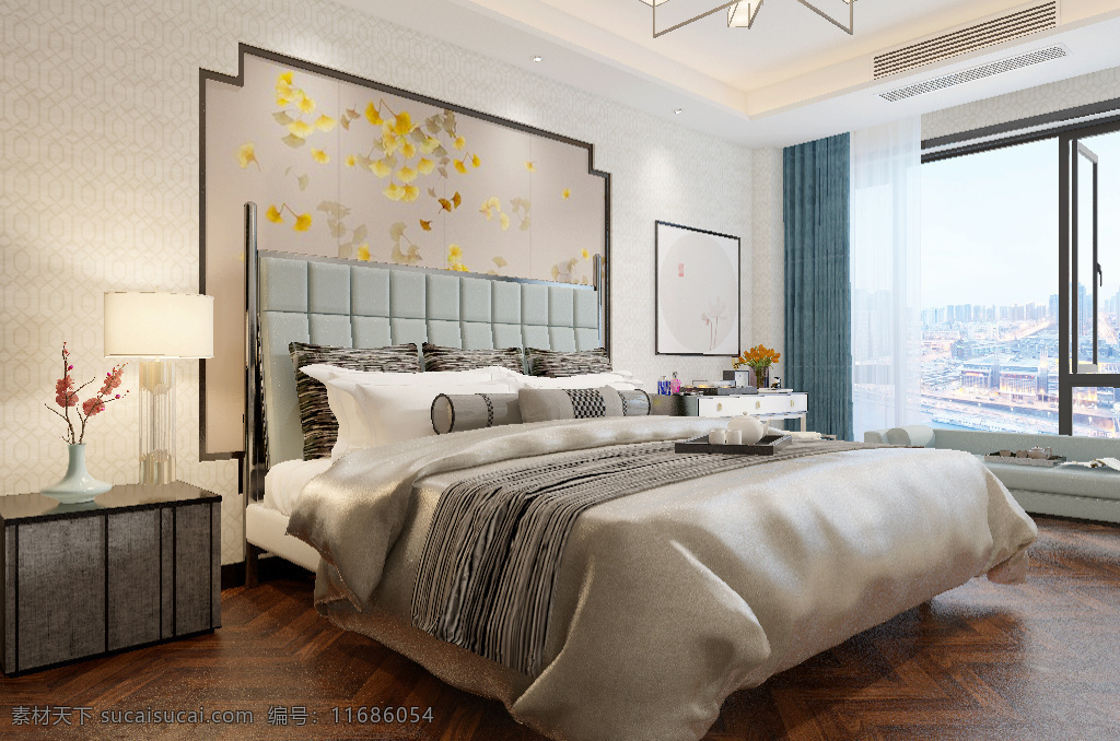 新 中式 风格 温馨 卧室 效果图 时尚 大气 简约 3d 新中式