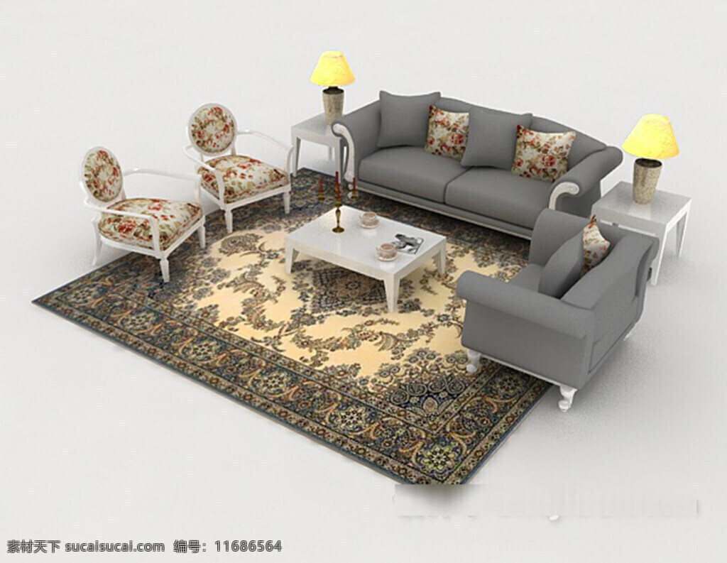 欧式 风格 简约 组合 沙发 3d 模型 3d模型下载 3dmax 欧式风格模型 灰色模型 白色