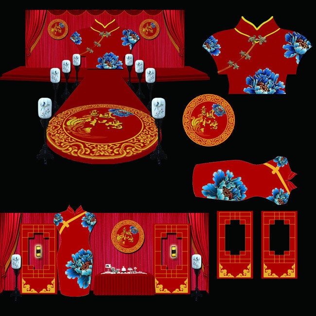 中国 风 婚礼 全套 中国风 旗袍 灯笼 红色 古风 黑色